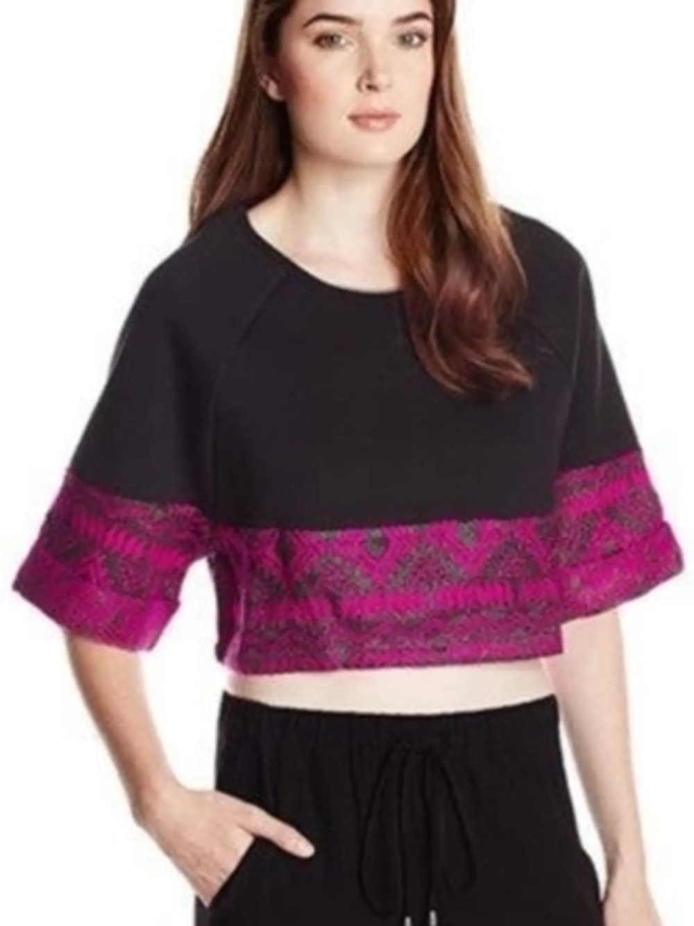 Lovers + Friends Black Cropped Top with Magenta Lace Band